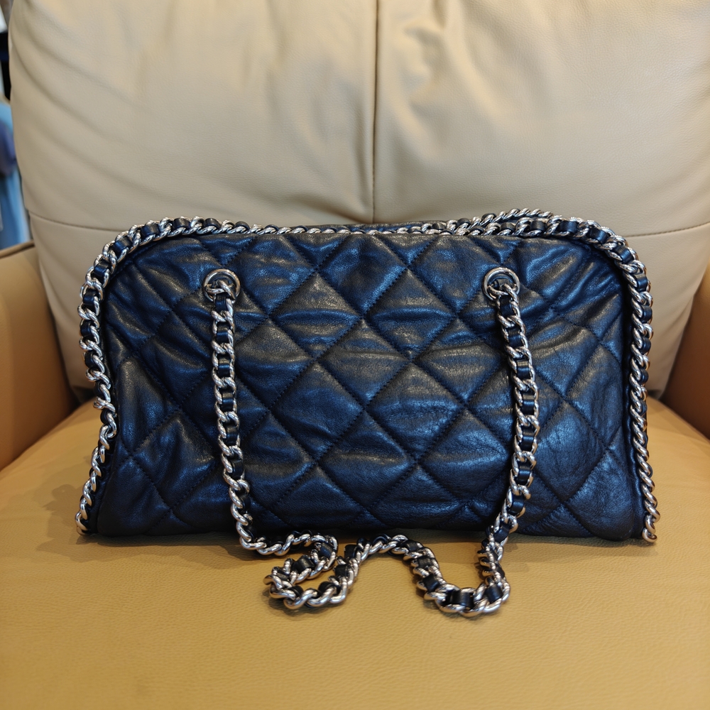 CHANEL Black Quilted Leather Chain Around Bowler Bag